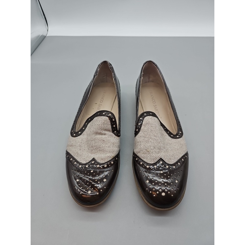 Franco Sarto Trolley Black Patent Leather Shoes 8‎ Ballet Slip On Wool Fabric